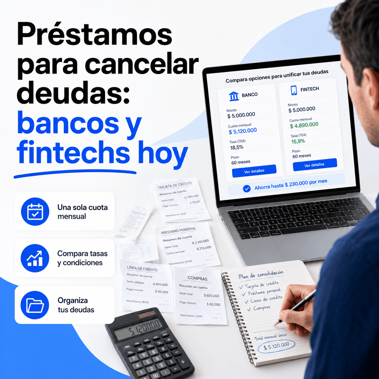 Persona organizando recibos de tarjetas de crédito en una mesa mientras compara opciones de préstamo para consolidar deudas