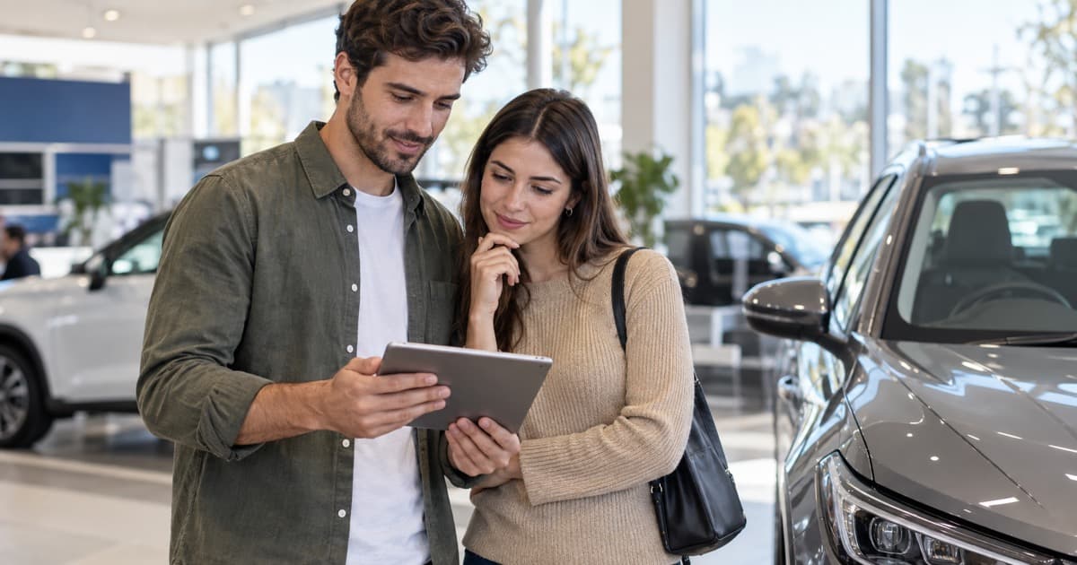 Pareja evaluando la financiación prendaria de un automóvil nuevo en una concesionaria