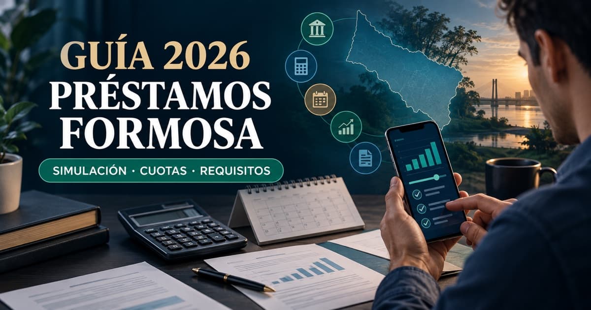 Cliente calcula un préstamo de Banco Formosa con celular, mapa provincial, calculadora y cuotas.