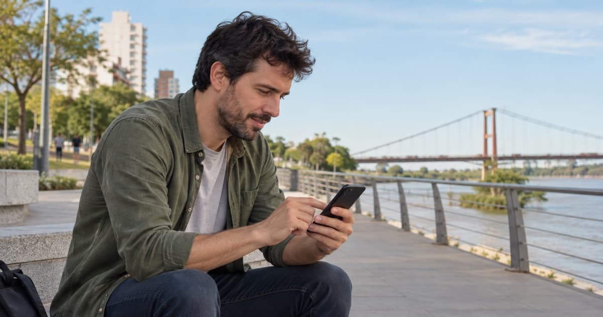 Persona comparando ofertas de préstamo en un espacio urbano de la ciudad de Santa Fe