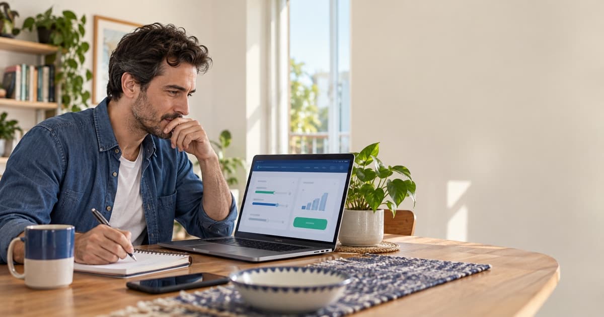 Persona usando BIP en una notebook para simular un préstamo de Banco Provincia y anotar la cuota