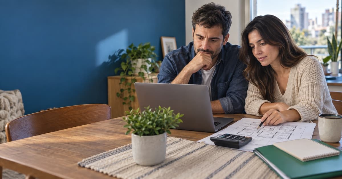 Pareja simula un crédito hipotecario BBVA y revisa documentos de una vivienda