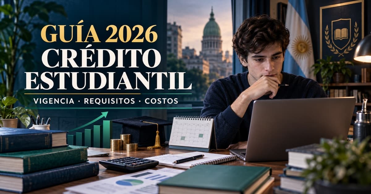 Estudiante compara un préstamo con libros, notebook, calculadora, calendario de cuotas y gráfico.
