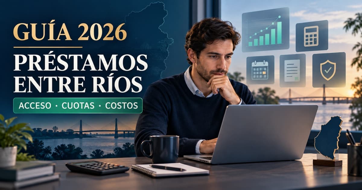 Cliente compara cuotas de Banco Entre Ríos en una pantalla abstracta con calculadora, calendario y mapa fluvial.