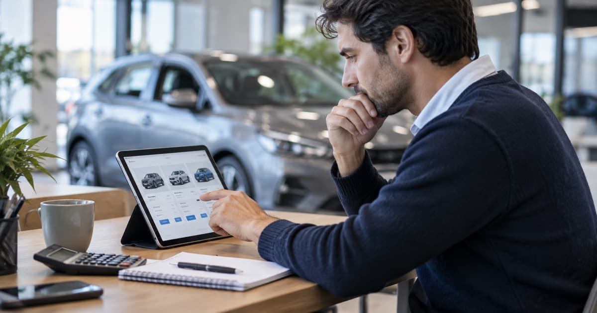 Persona comparando cuotas de financiación para un automóvil con una calculadora digital