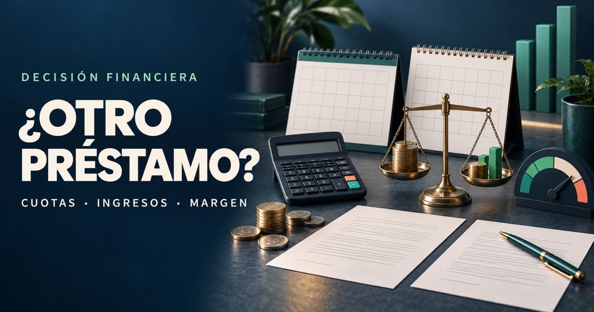 Persona comparando dos cronogramas de cuotas con ingresos, calculadora y margen mensual disponible