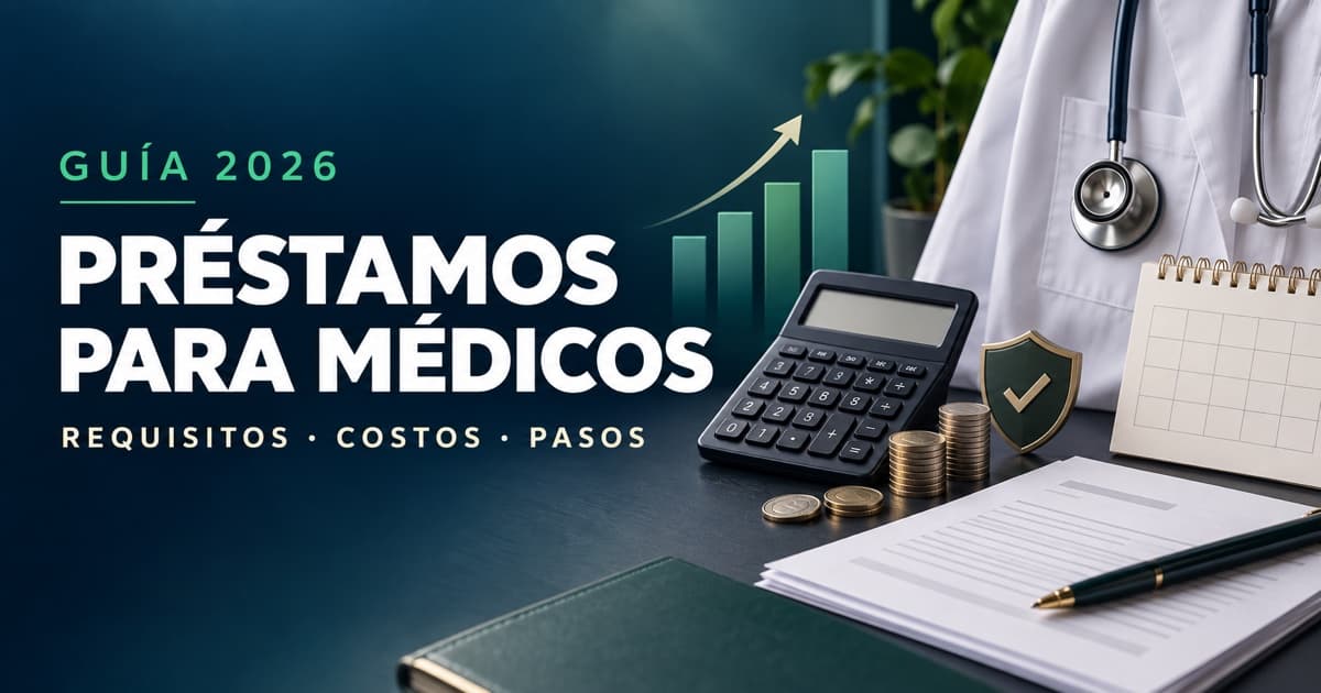 Médica compara cuotas, requisitos y costos de un préstamo profesional junto a una calculadora.