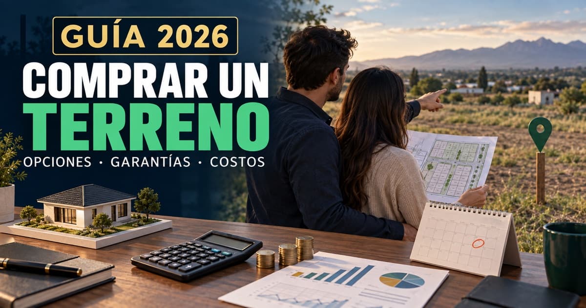 Pareja evalúa la compra de un terreno con plano, casa proyectada, calculadora, escritura y calendario de cuotas.