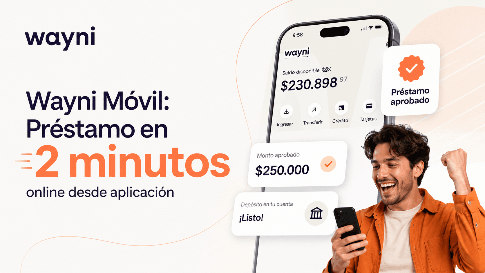 Usuario joven retirando efectivo de su préstamo Wayni Móvil en un kiosco Rapipago del barrio