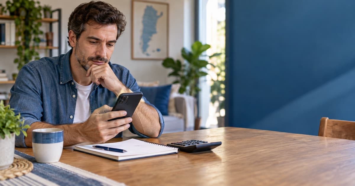 Persona usando el simulador de Crédito Argentino en el celular junto a una libreta de presupuesto