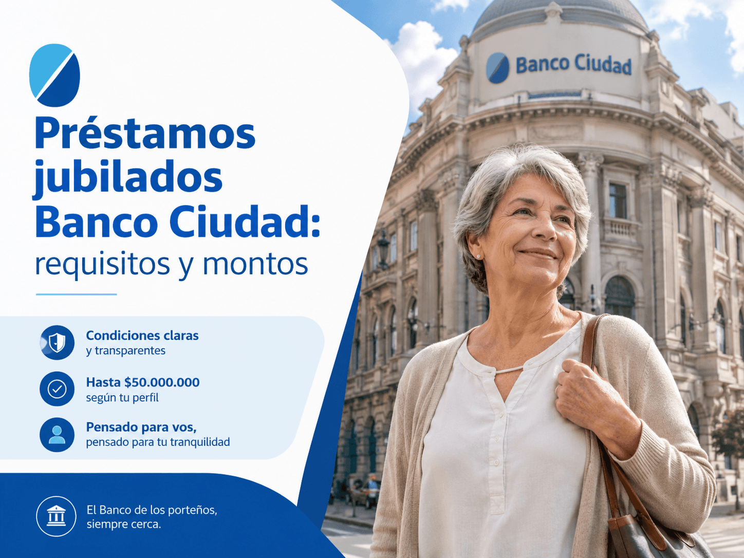 Jubilada porteña frente al edificio histórico del Banco Ciudad en el barrio de Monserrat, Buenos Aires