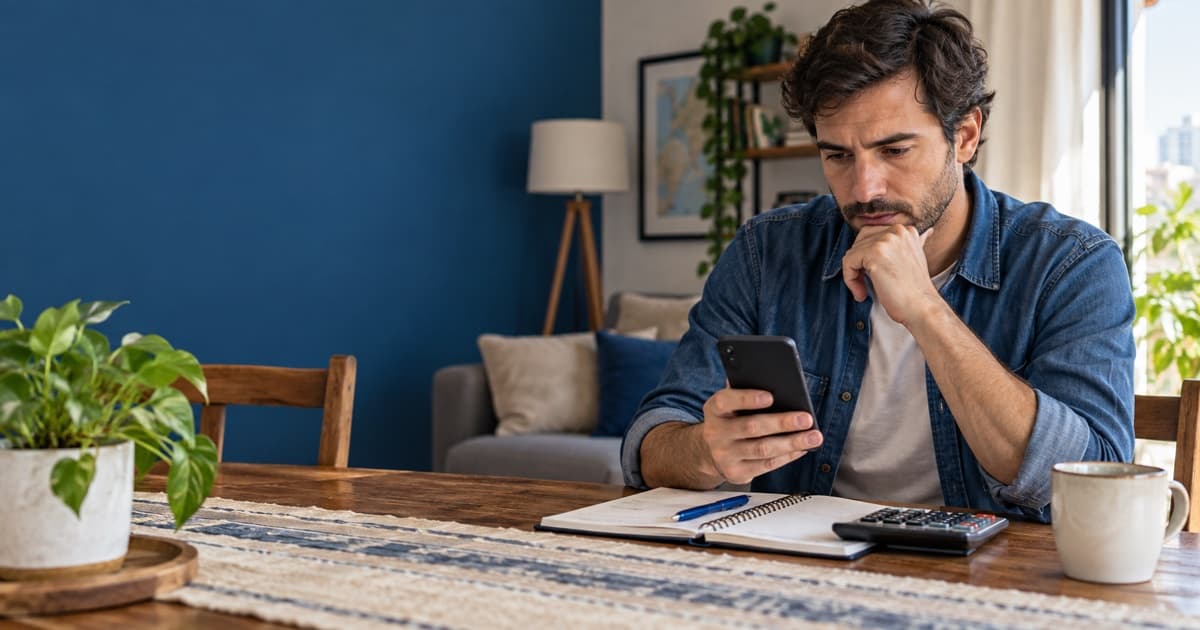Persona revisando en su celular una oferta de préstamo del Banco Nación junto a una libreta