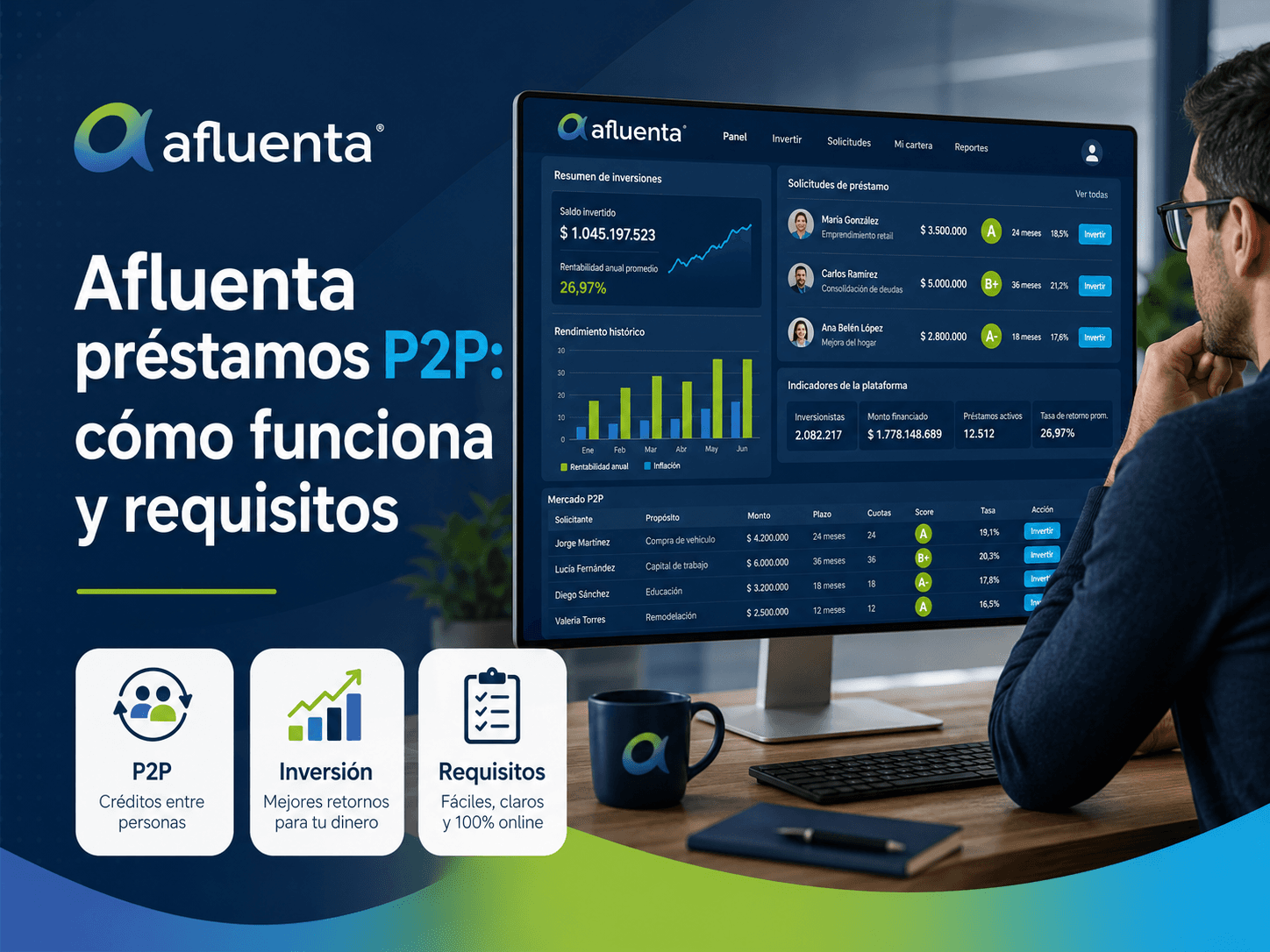 Persona analizando opciones de inversión y préstamo P2P en una pantalla de computadora con gráficos financieros