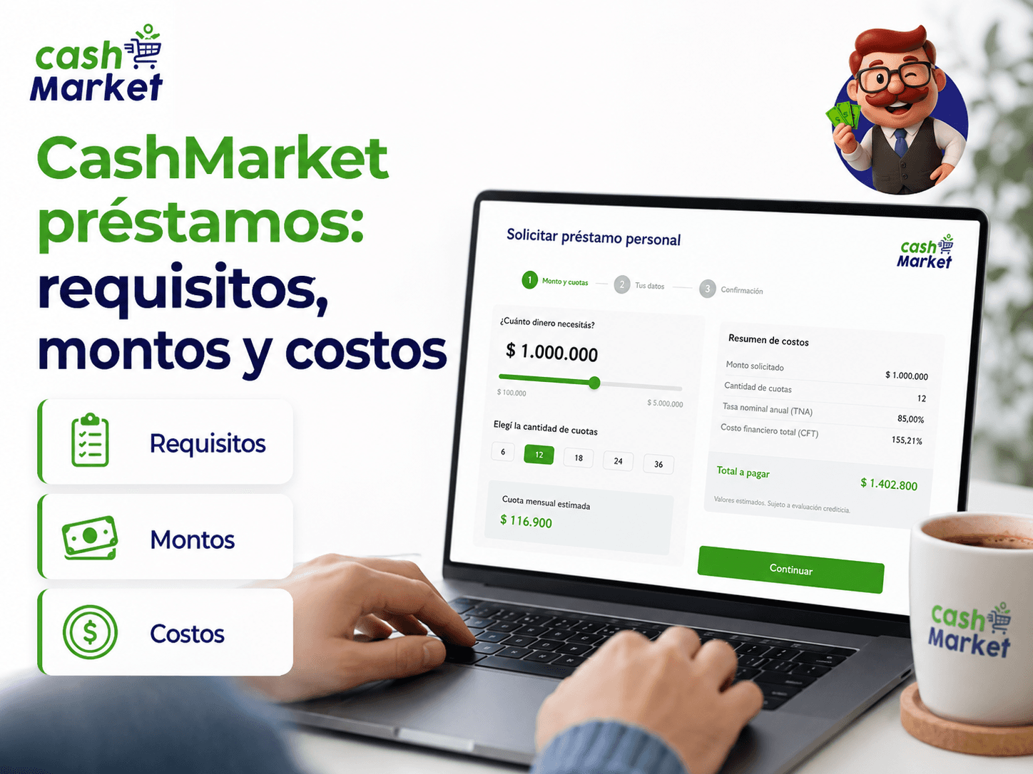 Usuario completando una solicitud de préstamo personal de CashMarket en su computadora portátil con una taza de café al lado
