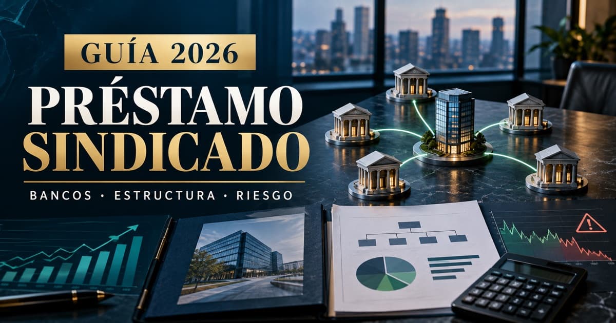 Empresa y varios bancos ilustran un préstamo sindicado con contrato, gráfico de riesgo y calculadora.