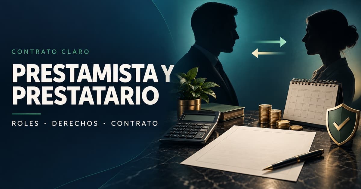 Contrato de préstamo junto a dos perfiles, calculadora y flechas que representan entrega y devolución del dinero