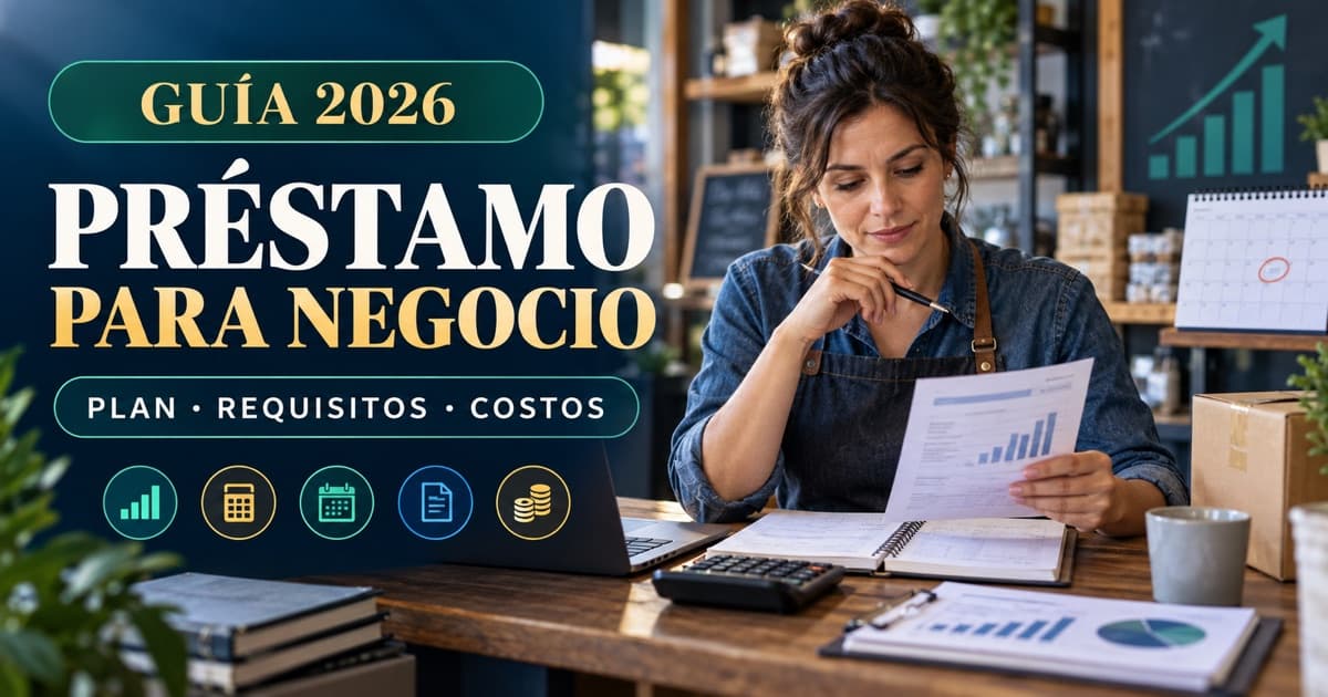 Comerciante planifica un préstamo para su negocio con flujo de caja, calculadora, calendario y gráfico.