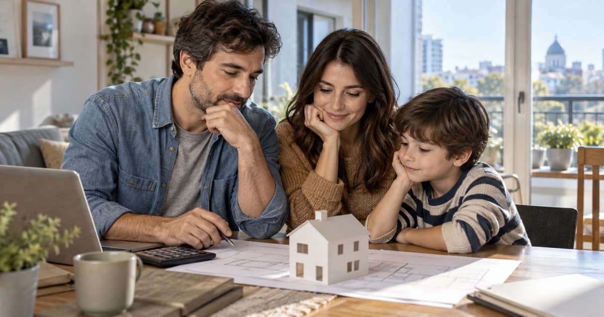Familia calculando un crédito hipotecario frente a una maqueta sencilla de vivienda