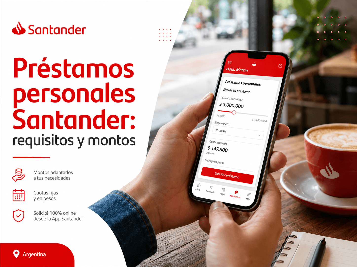 Cliente revisando la app de Banco Santander en su celular para solicitar un préstamo personal mientras toma un café