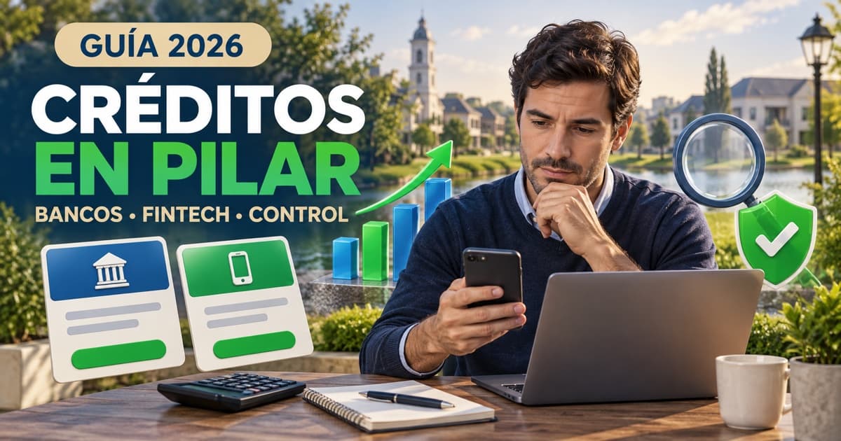 Persona revisa ofertas de préstamo de Pilar con calculadora, gráfico de cuotas y escudo de seguridad.