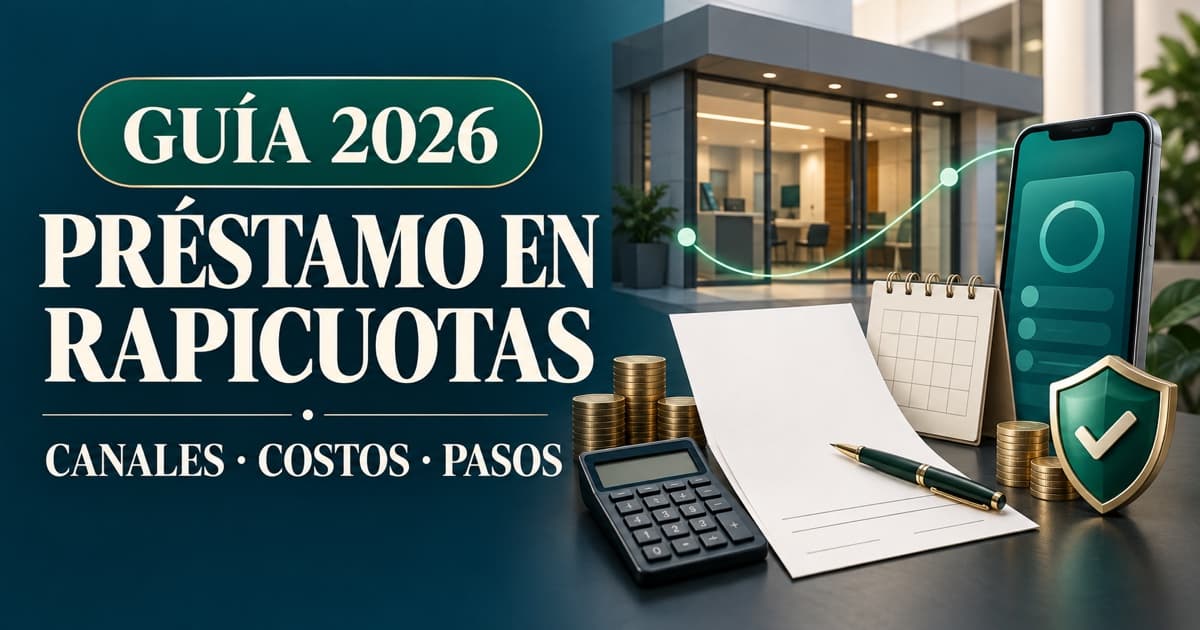 Dos canales de solicitud con sucursal, celular, calculadora y cronograma de cuotas de un préstamo