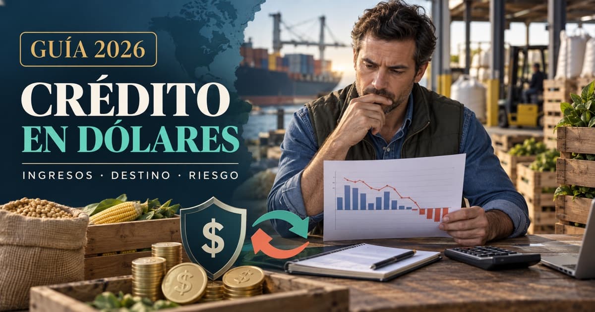 Productor analiza crédito en dólares, ingresos, destino y riesgo cambiario junto a calculadora.