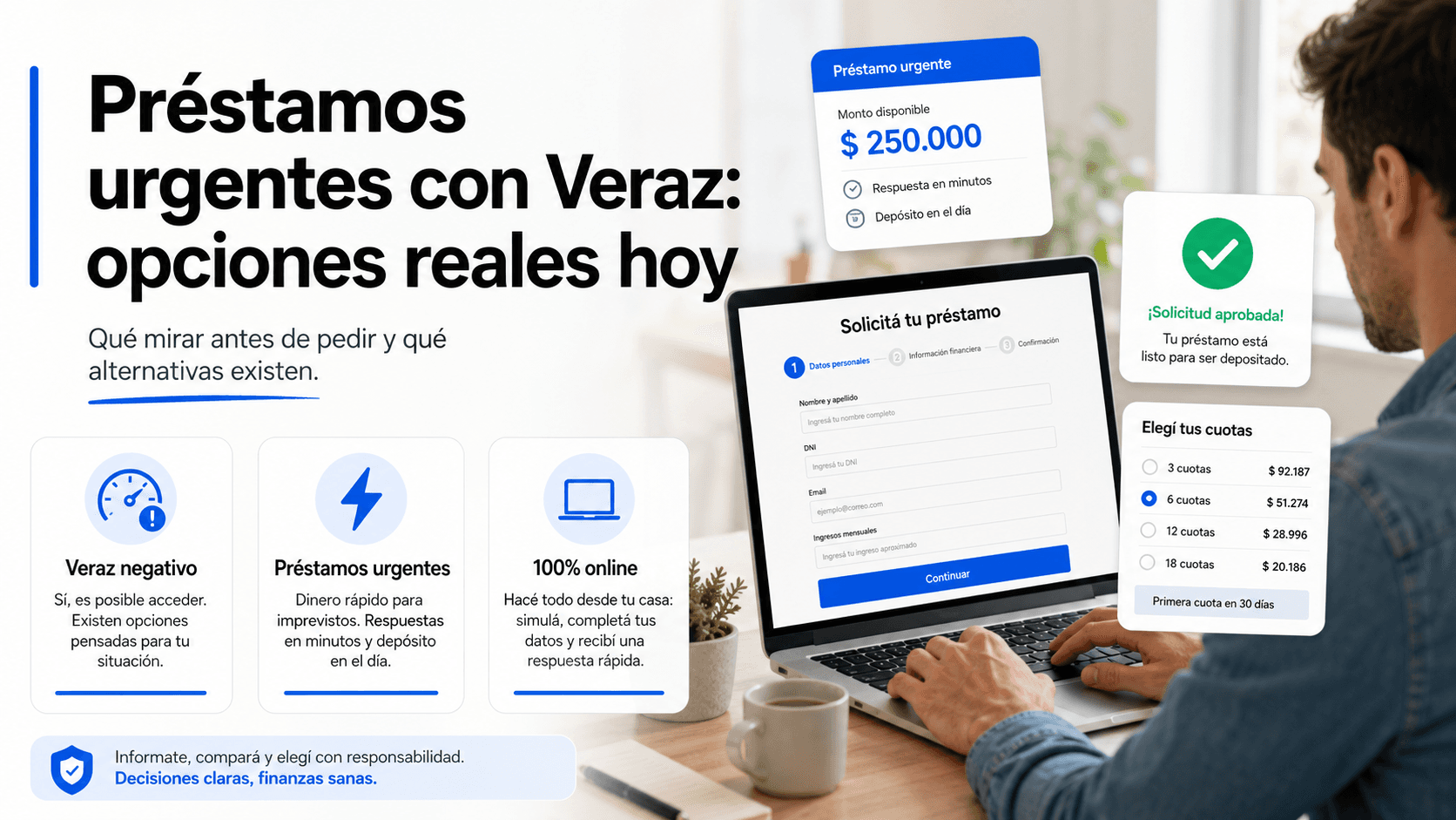 Persona en una computadora completando rápidamente una solicitud de préstamo urgente online en Argentina