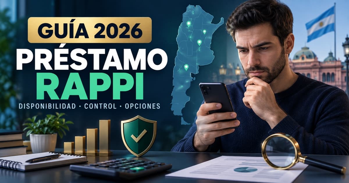Usuario verifica una oferta de préstamo Rappi con celular, lupa, escudo, contrato y calculadora.
