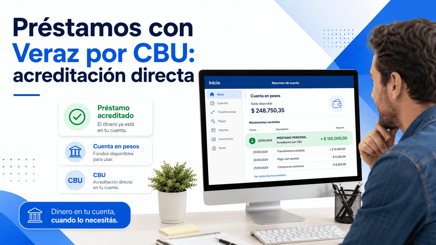 Captura de homebanking mostrando la acreditación de un préstamo personal en pesos en una cuenta bancaria argentina