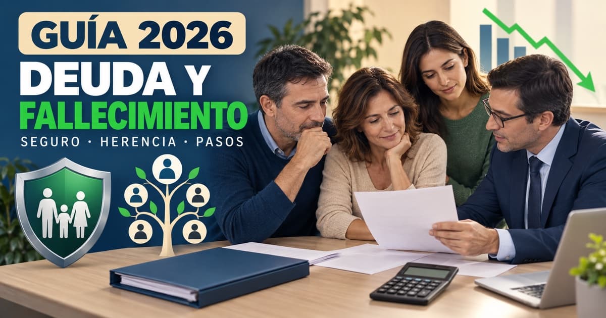 Familia revisa un contrato, una póliza y el saldo de un préstamo junto a un asesor en una mesa ordenada.