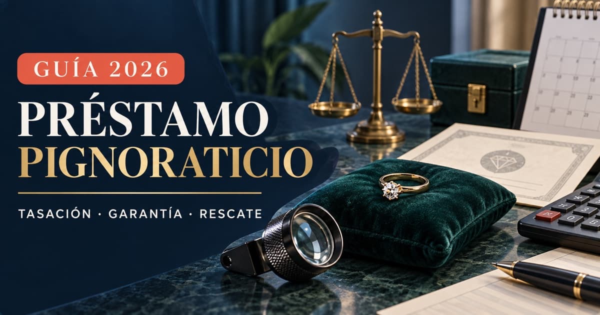 Alhaja genérica, lupa, balanza y contrato ilustran la garantía y tasación de un préstamo pignoraticio.