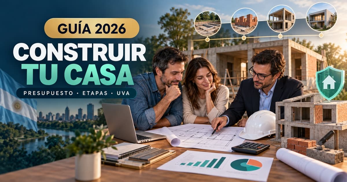 Pareja y arquitecto revisan presupuesto, etapas y UVA para construir una vivienda en terreno propio.