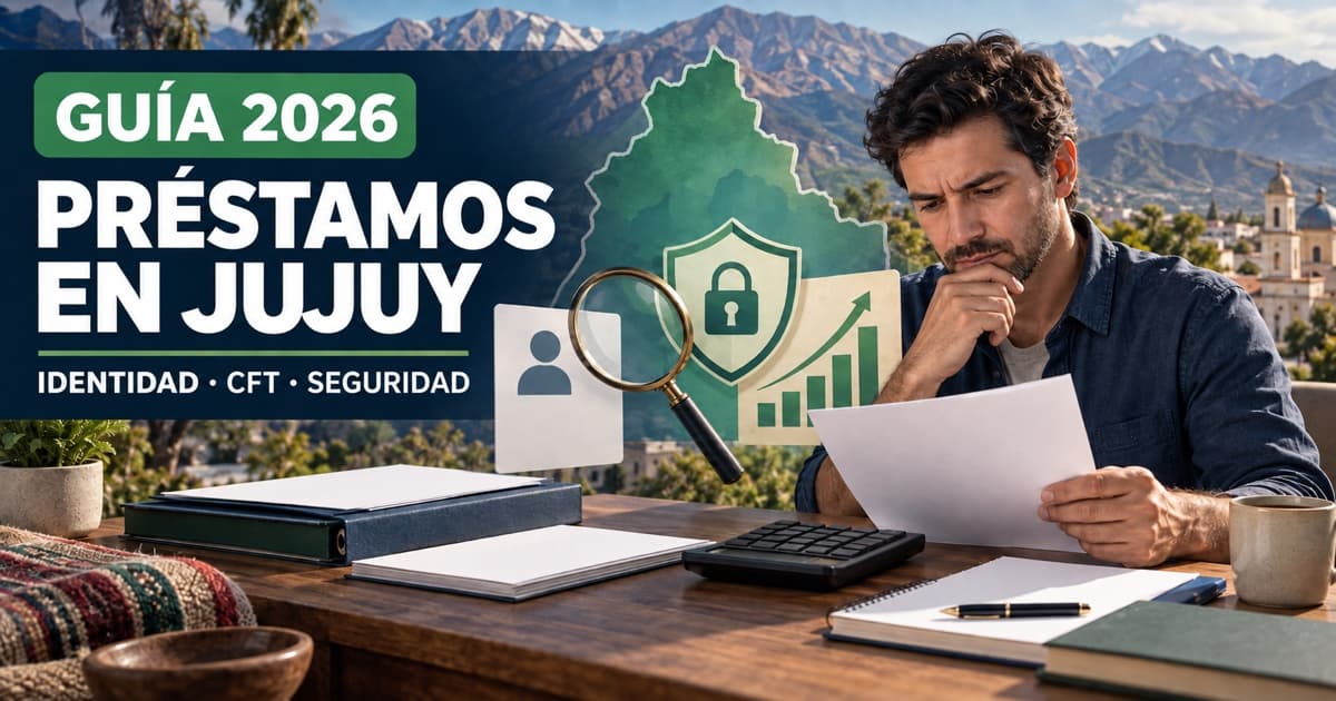 Persona analiza opciones de crédito, contrato y mapa abstracto de Jujuy con una lupa de seguridad.