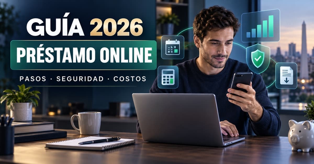 Cliente pide un préstamo por home banking con notebook, celular, calculadora, calendario y escudo.