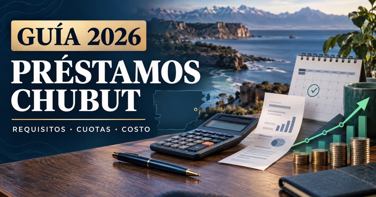 Cliente patagónico compara un préstamo con mapa de Chubut, calculadora, recibo, calendario y gráfico de cuotas.