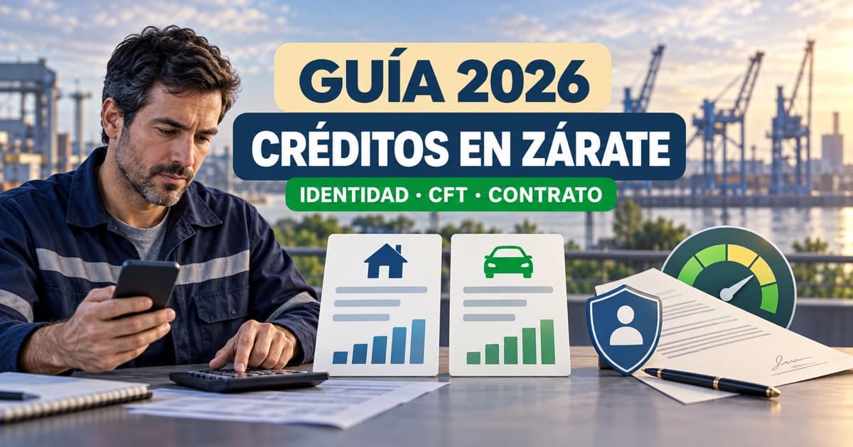 Trabajador compara créditos en Zárate con recibo, calculadora, gráfico de cuotas y escudo financiero.
