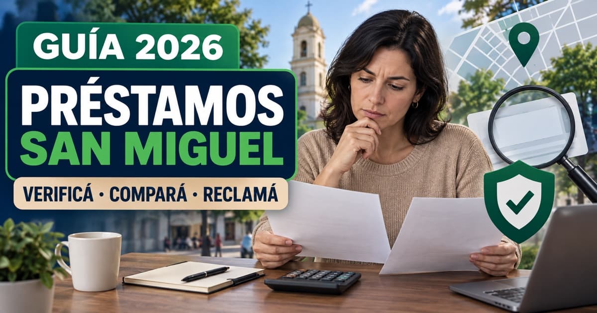 Persona compara contrato, calculadora y opciones de crédito en un entorno urbano de San Miguel.