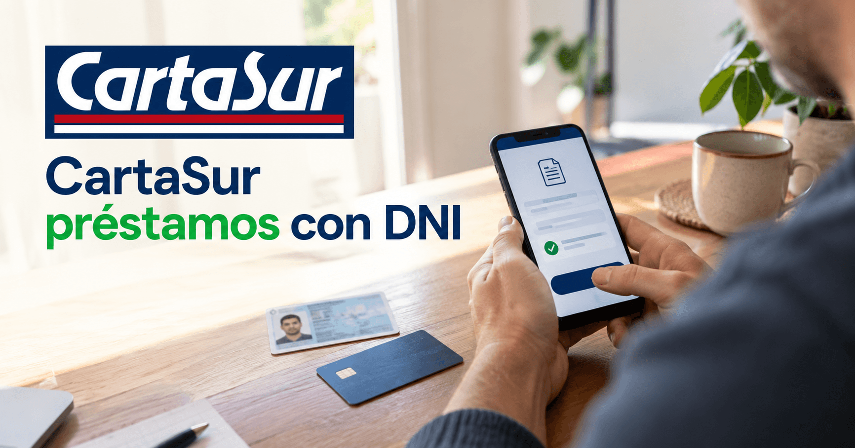 Persona completa una solicitud de préstamo online con su DNI y celular sobre la mesa