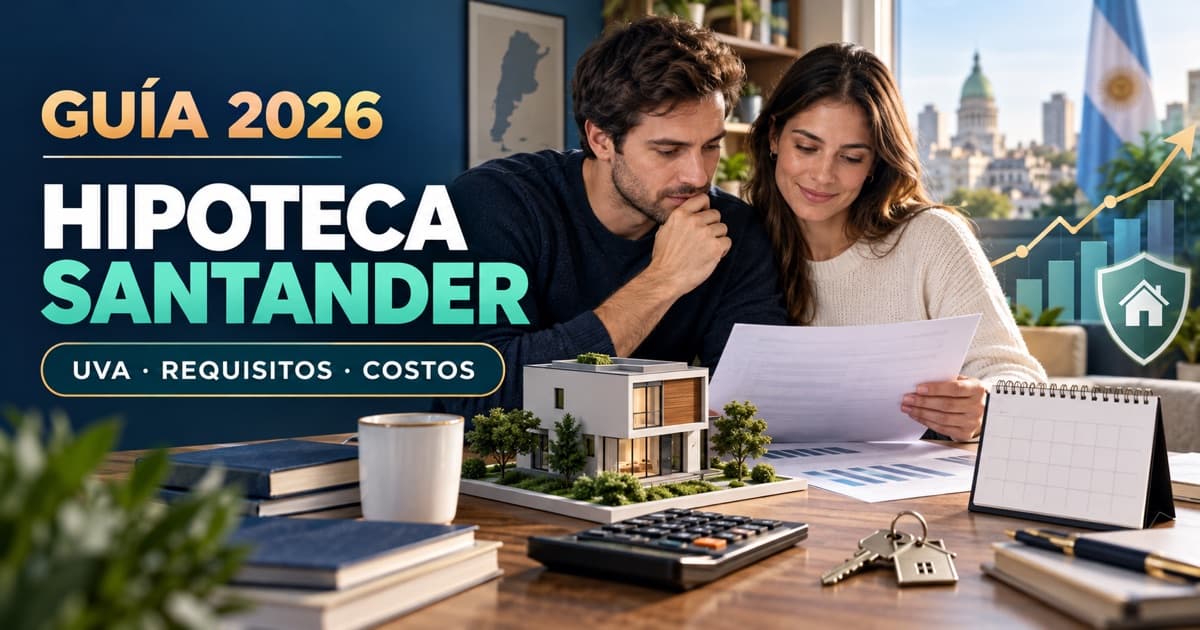Pareja compara una hipoteca UVA Santander con casa en miniatura, calculadora y calendario.