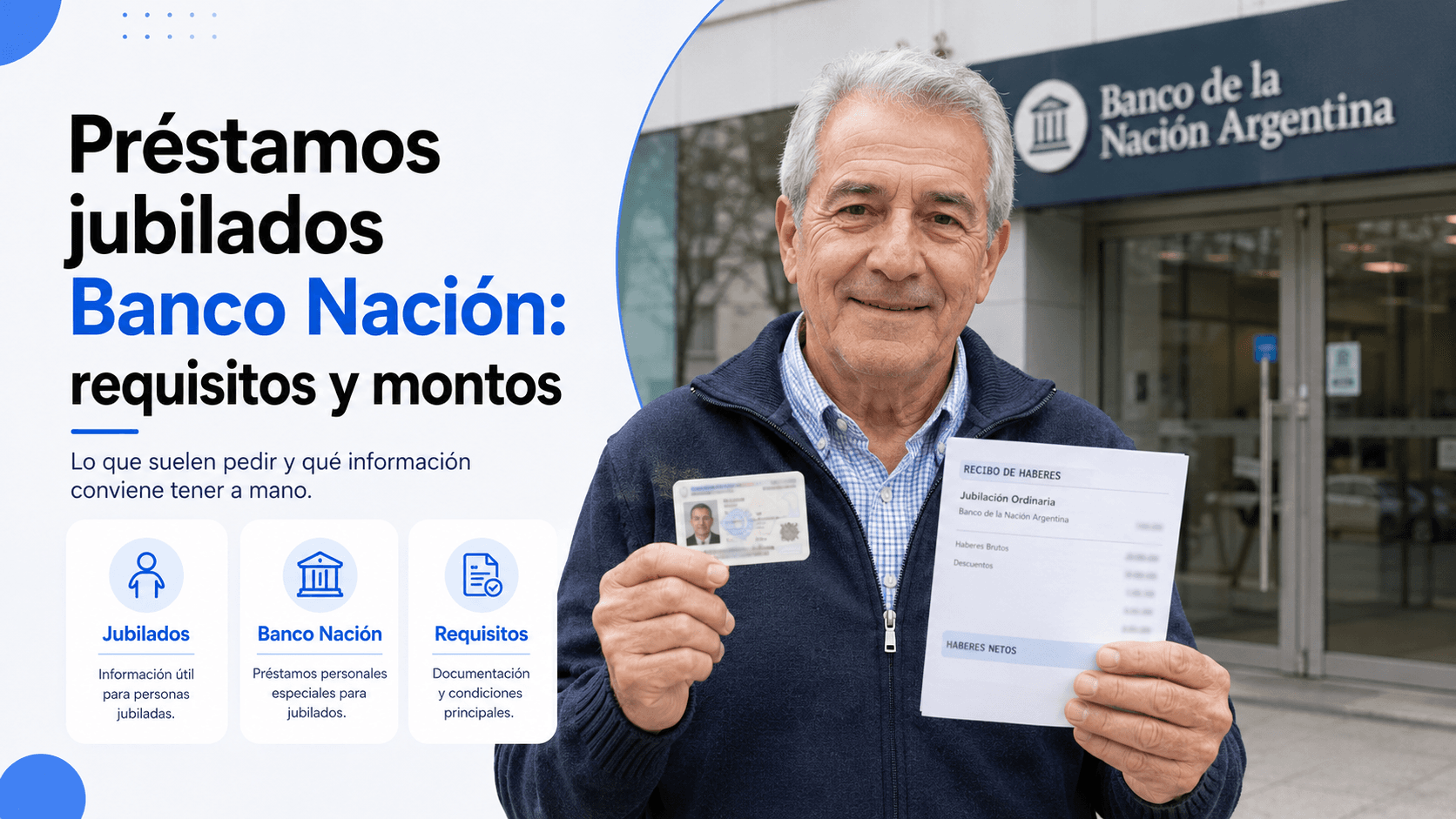 Jubilado argentino con su DNI y recibo de haberes frente a la entrada de una sucursal del Banco Nación