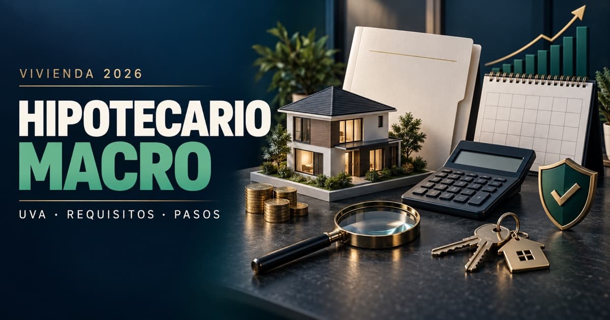 Casa, calculadora, gráfico UVA y carpeta de requisitos para evaluar un préstamo hipotecario de Banco Macro
