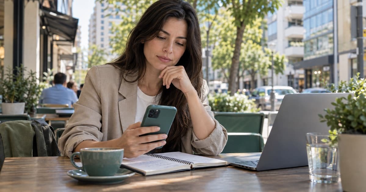 Persona comparando préstamos en un entorno urbano de Córdoba con su celular y una libreta