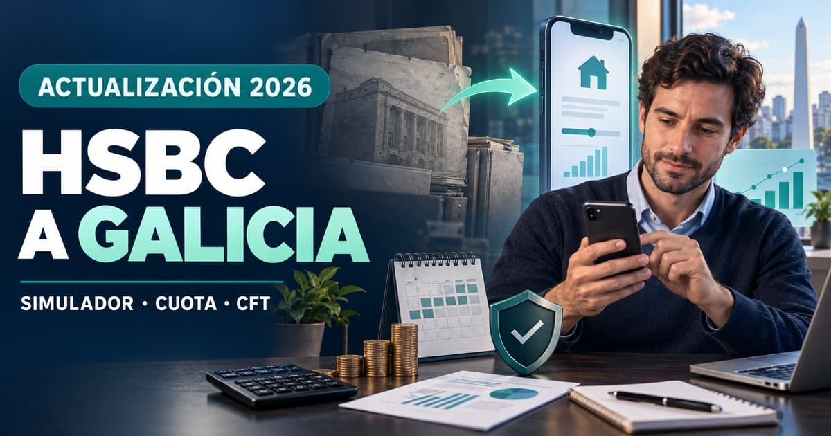 Persona revisa la migración de un préstamo HSBC a Galicia con celular, contrato y calendario de cuotas.