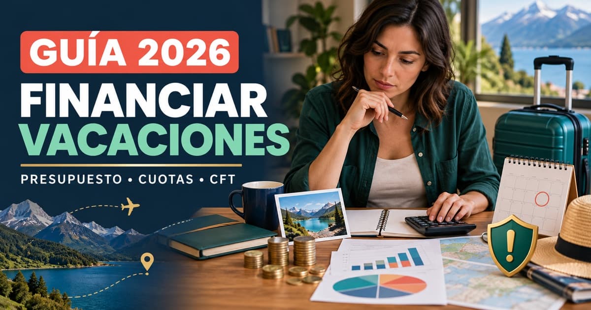 Viajera compara presupuesto, cuotas y CFT de vacaciones junto a valija, calendario y calculadora.